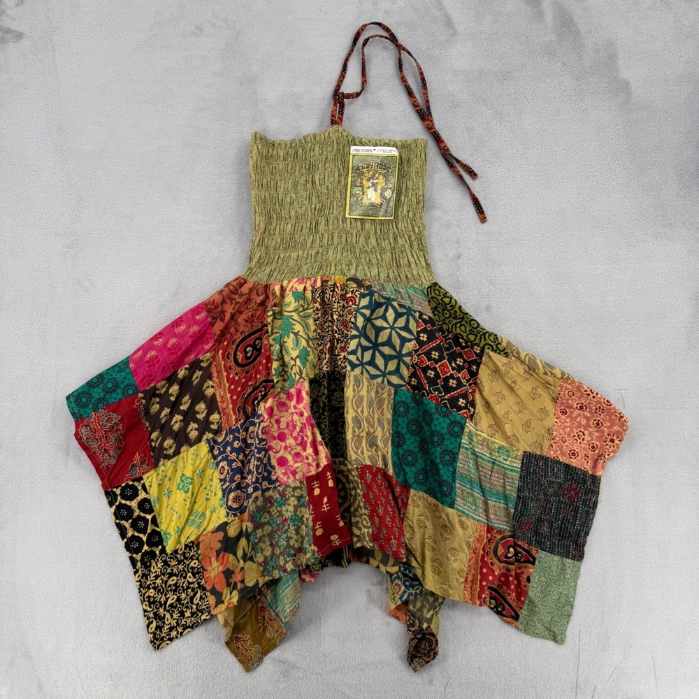 Gypsy Rose Patchwork Halter Dress Womens Boho Cotton Handkerchief Hem Size S / M